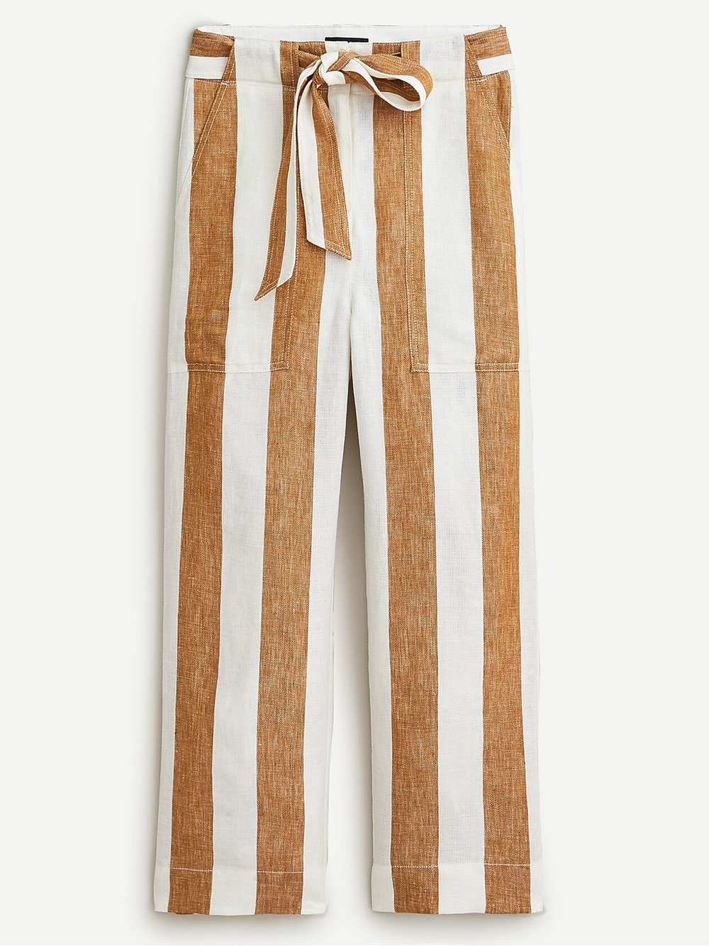 J.Crew‎ Tie Waist Linen Pants Golden Bistripe Cropped Patch Pocket Size 4